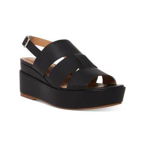 AQUA COLLEGE Womens Black 1" Platform Wide Nadi Wedge Slingback Sandal 8.5